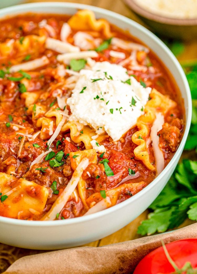 Close up photo of a bowl of lasagna soup.