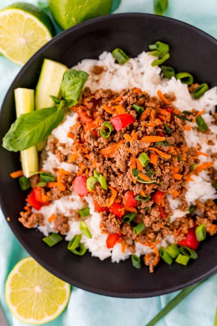 Overhead photo of a bowl of Thai basil beef bowls.