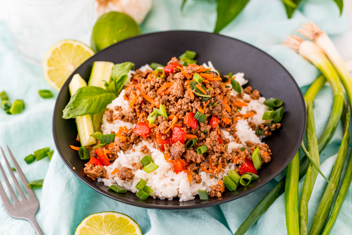 Thai Basil Beef Bowls (With Coconut Rice) Sugar and Soul