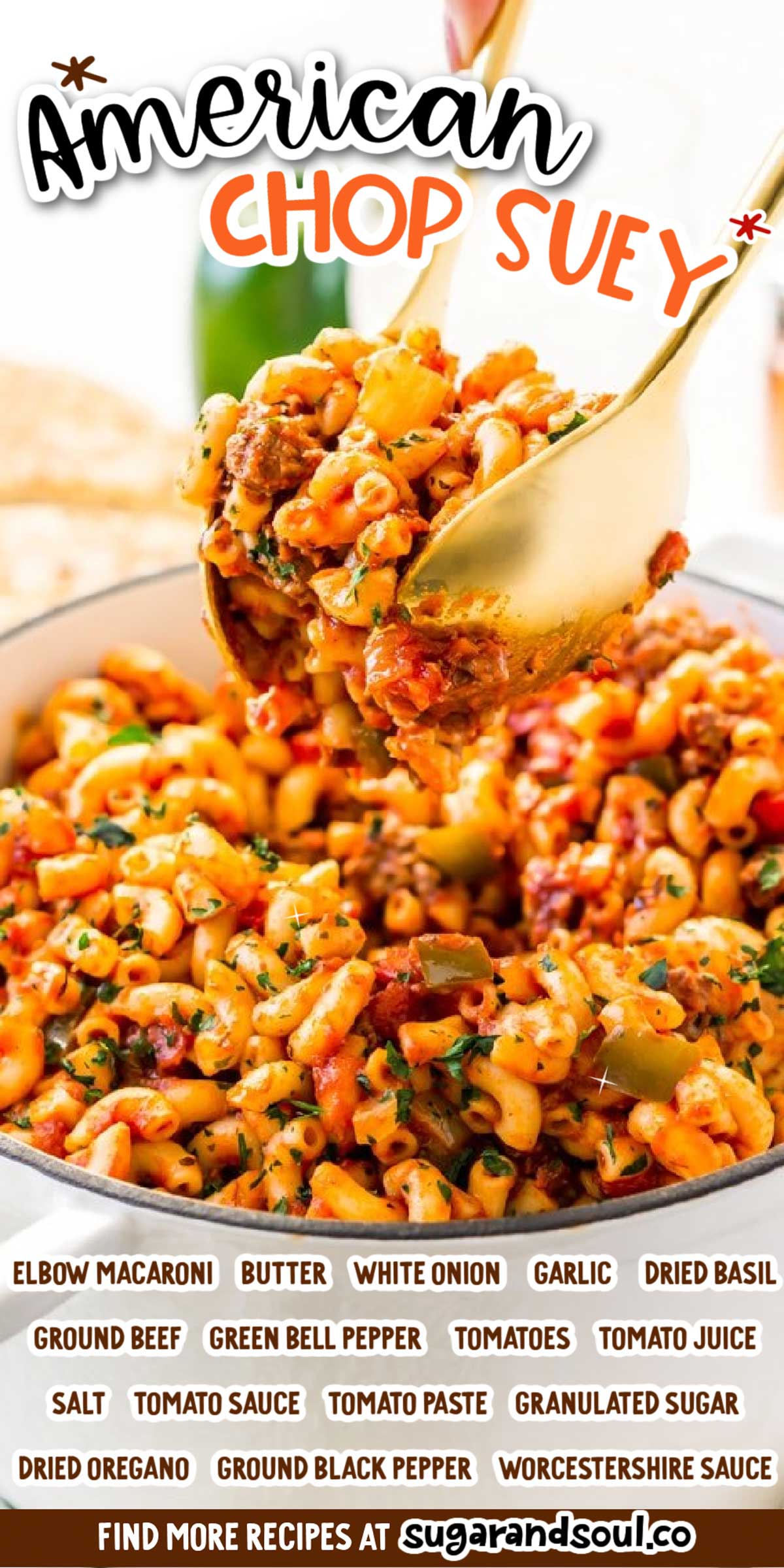 American Chop Suey is a delicious and easy dinner recipe made with ground beef, tomato, onion, green pepper, macaroni, and spices.  via @sugarandsoulco