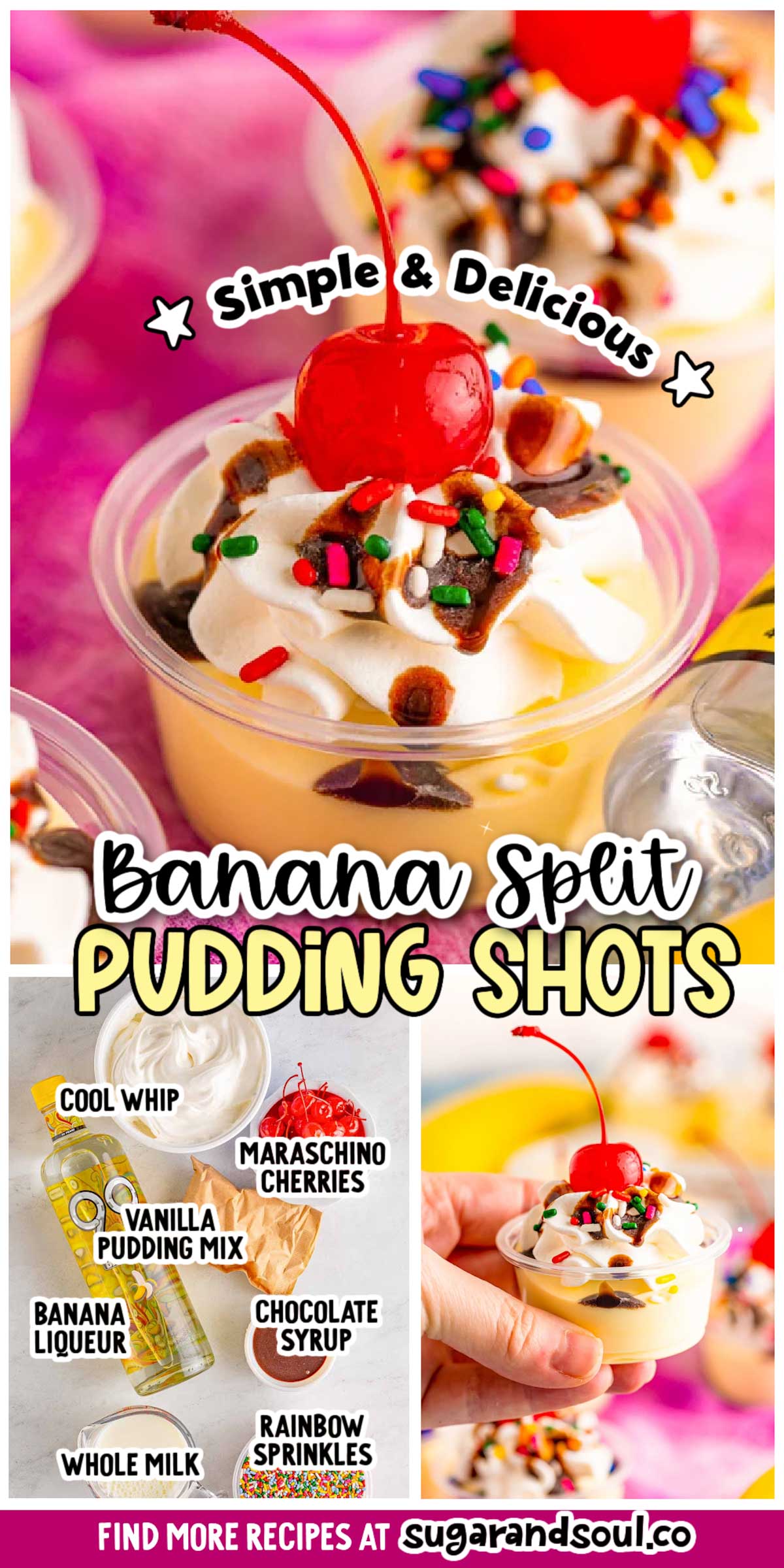 Banana Split Pudding Shots are a fun dessert shot that's made with only 4 ingredients and topped with your favorite ice cream toppings! Only 10 minutes of hands-on prep time is needed! via @sugarandsoulco