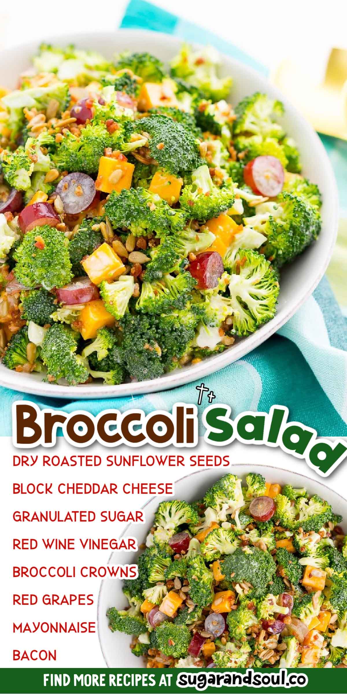 This Broccoli Salad is an easy, crunchy, and lightly sweetened side salad that's perfect for BBQs and more! Made with fresh broccoli, grapes, cheese, sunflower seeds, bacon, and a delightful dressing! via @sugarandsoulco