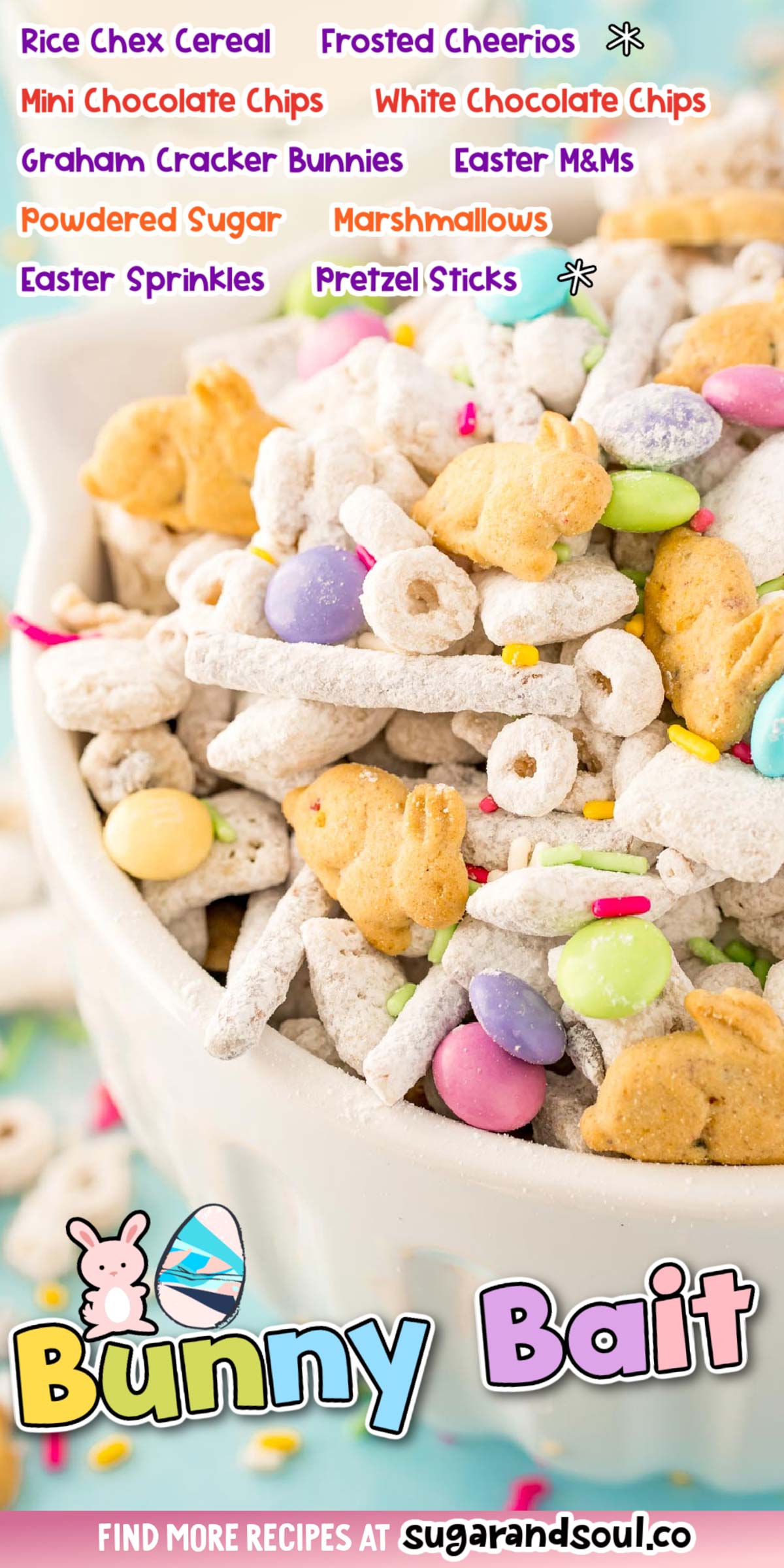 This Bunny Bait covers cereal, pretzels, marshmallows, and M&Ms in melted white chocolate and sweet powdered sugar for a fun Easter treat! Ready to enjoy in just 15 minutes! via @sugarandsoulco