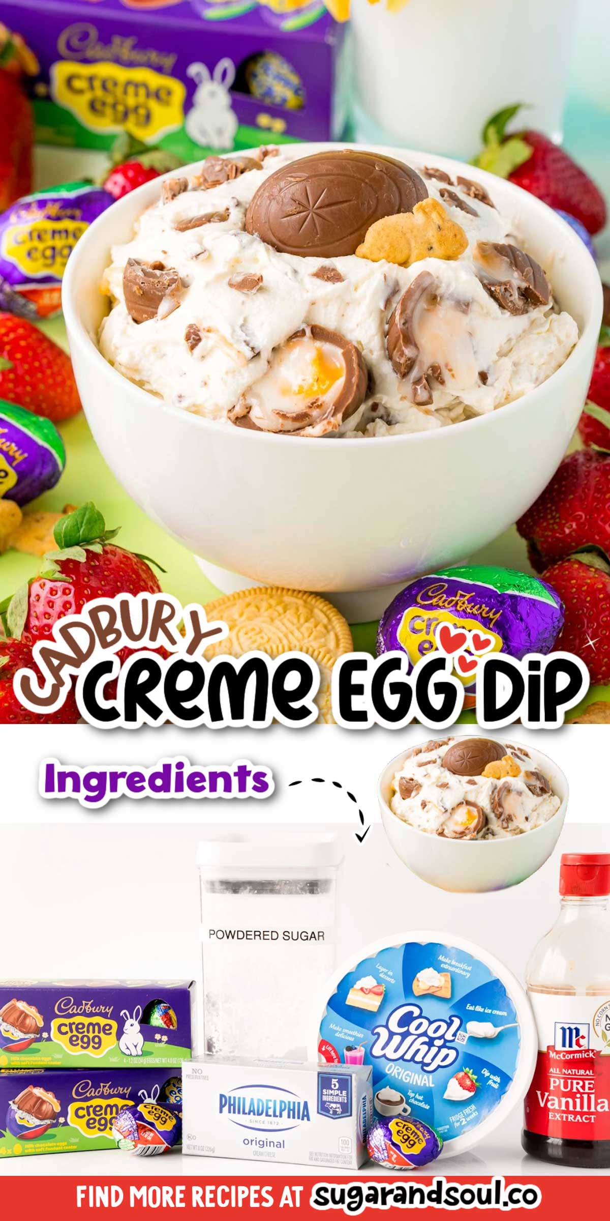 Cadbury Creme Egg Dip has a 4-ingredient creamy dip base that's then loaded with chopped-up pieces of sweet Cadbury creme eggs! Serve this dessert dip up to friends and family in just 10 minutes! via @sugarandsoulco