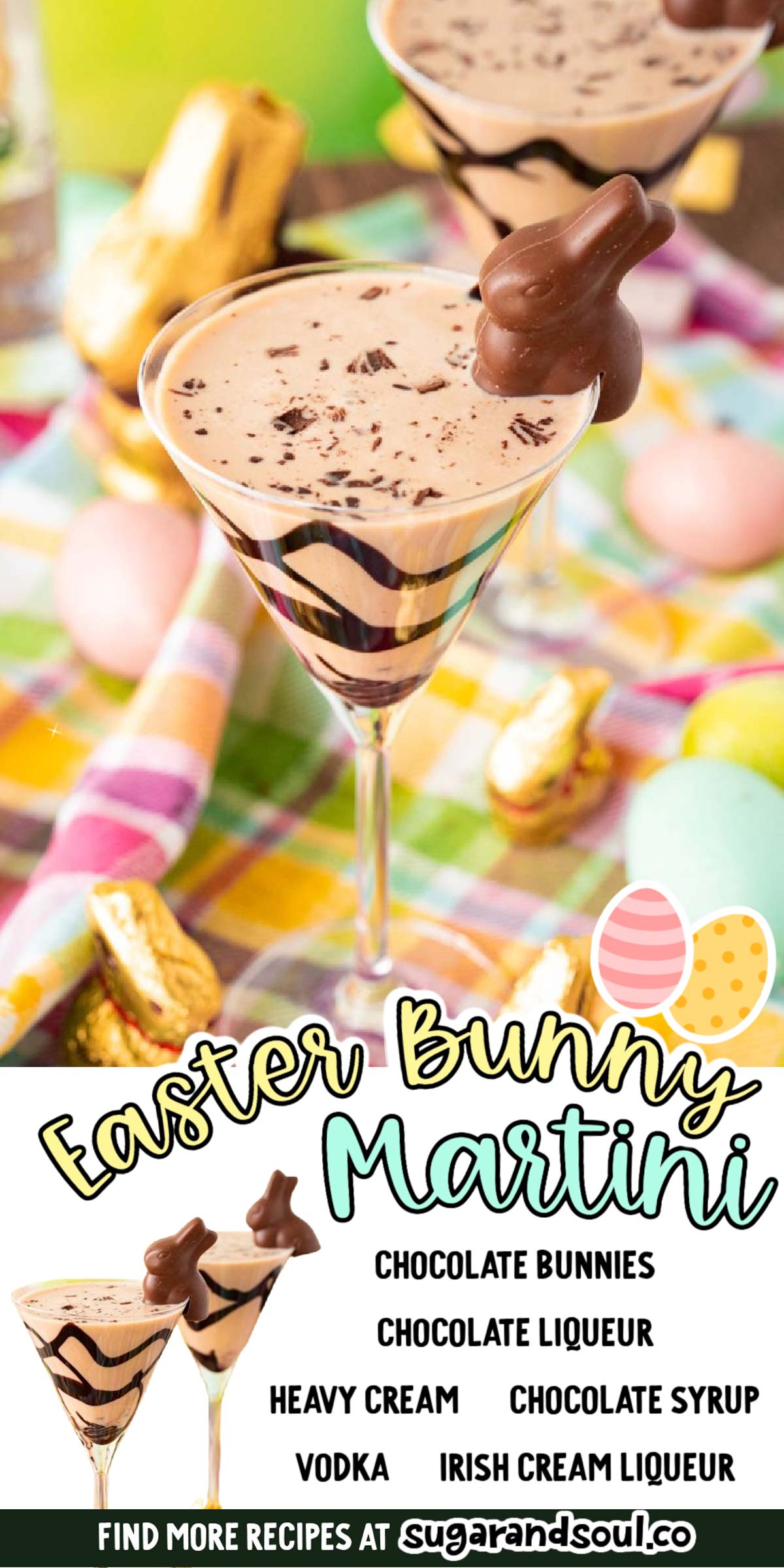 This Easter Bunny Martini has a chocolate drizzled glass that's filled with a smooth, rich cocktail and garnished with a chocolate bunny! Ready to enjoy in 5 minutes or less! via @sugarandsoulco