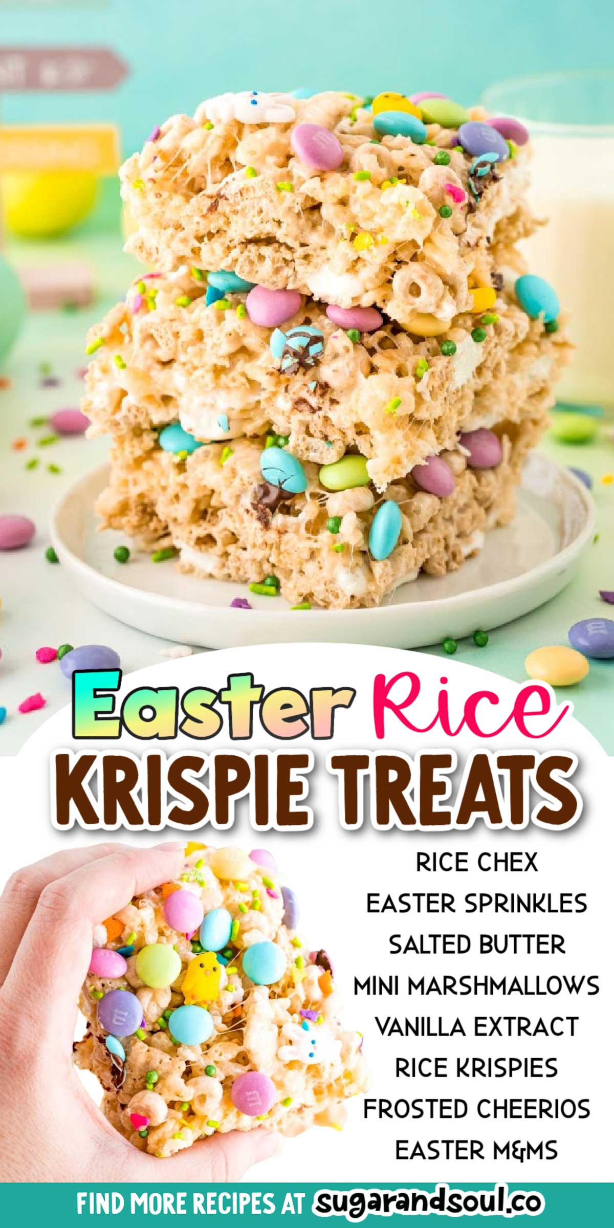 Easter Rice Krispie Treats are sweet, chewy no-bake squares that are made with three kinds of cereal, marshmallows, sprinkles, and M&Ms! Takes only 10 minutes of hands-on time to prepare! via @sugarandsoulco