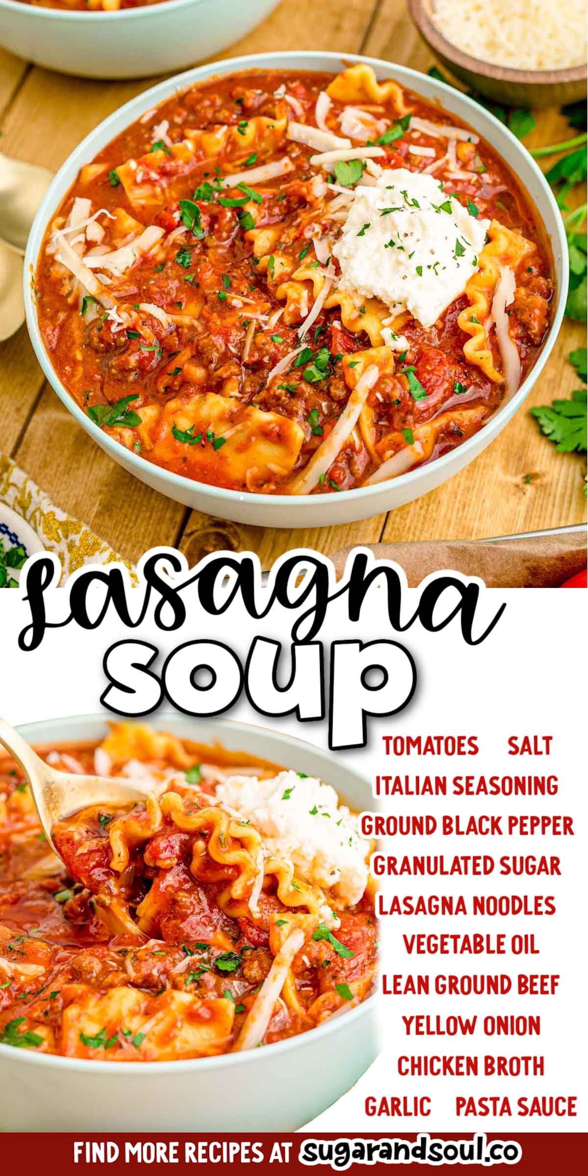 This cozy and hearty Lasagna Soup is filled with ground beef, lasagna noodles, chicken broth, and your favorite jar of pasta sauce! Takes just 10 minutes of hands-on prep time to make! via @sugarandsoulco