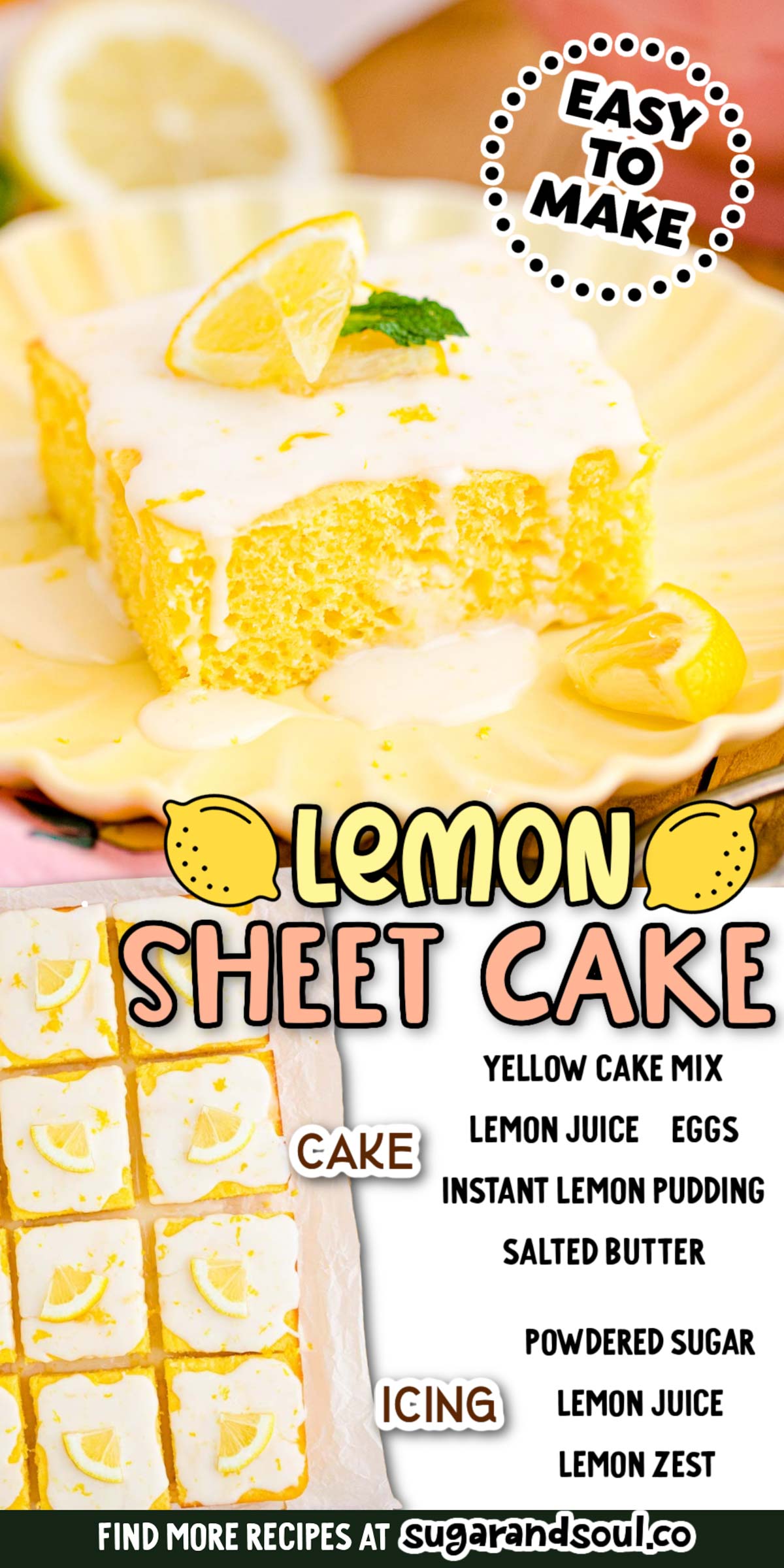 Lemon Sheet Cake is a tender, moist dessert that's made with a doctored-up boxed yellow cake mix and covered with a 3 ingredient lemon glaze! Ready to enjoy in just 35 minutes! via @sugarandsoulco