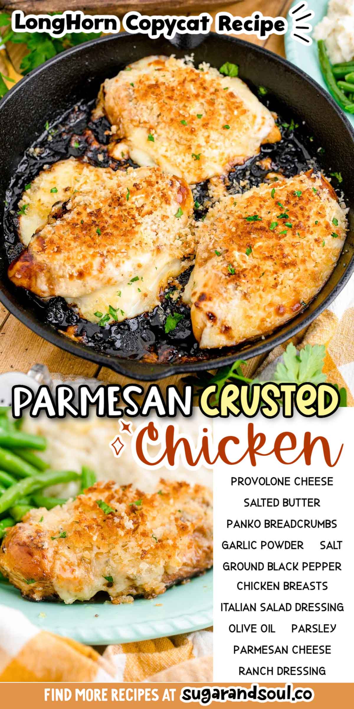 Parmesan Crusted Chicken is a tasty LongHorn copycat recipe that's made with provolone cheese, ranch, and a seasoned breadcrumb mixture! Skip the trip to the restaurant and make this easy recipe right at home! via @sugarandsoulco