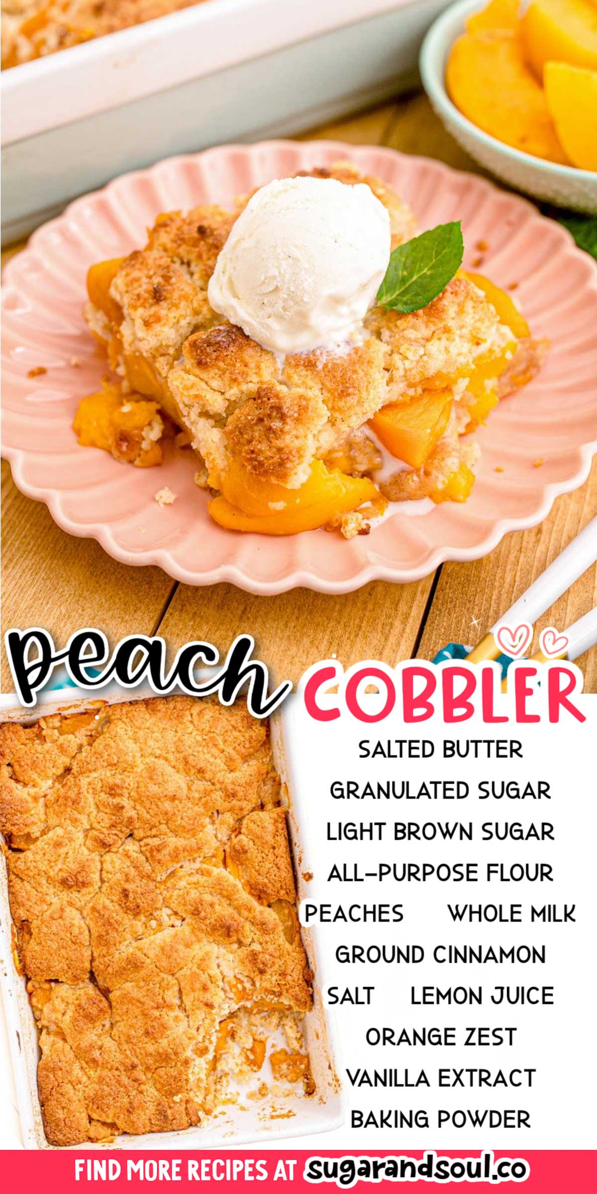 Southern Peach Cobbler has a sweet, fruity filling that's made with canned peaches and then covered with a delicious crumbly topping! An easy-to-make dessert that takes just 1 hour to bake! via @sugarandsoulco