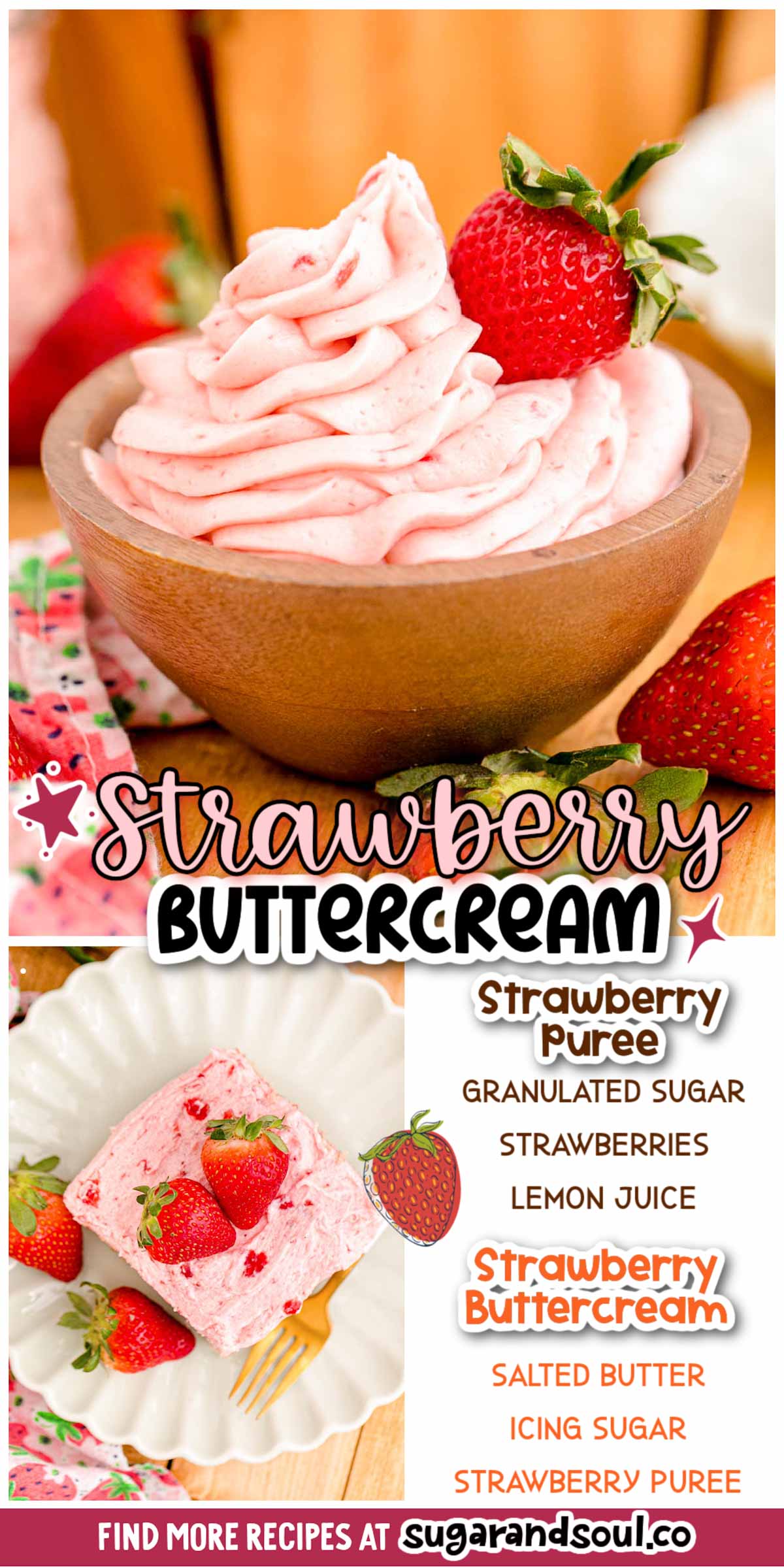 Strawberry Buttercream Frosting uses 5 simple ingredients to create a light, creamy frosting that's perfect for cupcakes, cakes, and more! Made with real strawberries for the best flavor! via @sugarandsoulco