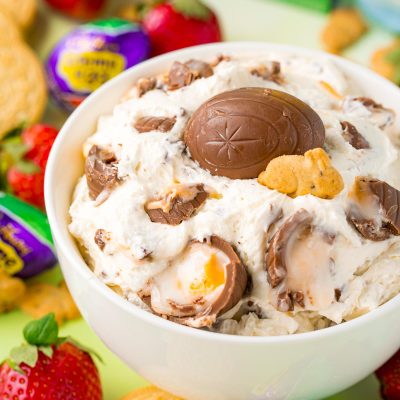 Close up photo of a bowl of cadbury creme egg dip.