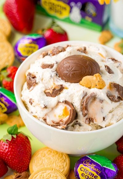 Close up photo of a bowl of cadbury creme egg dip.