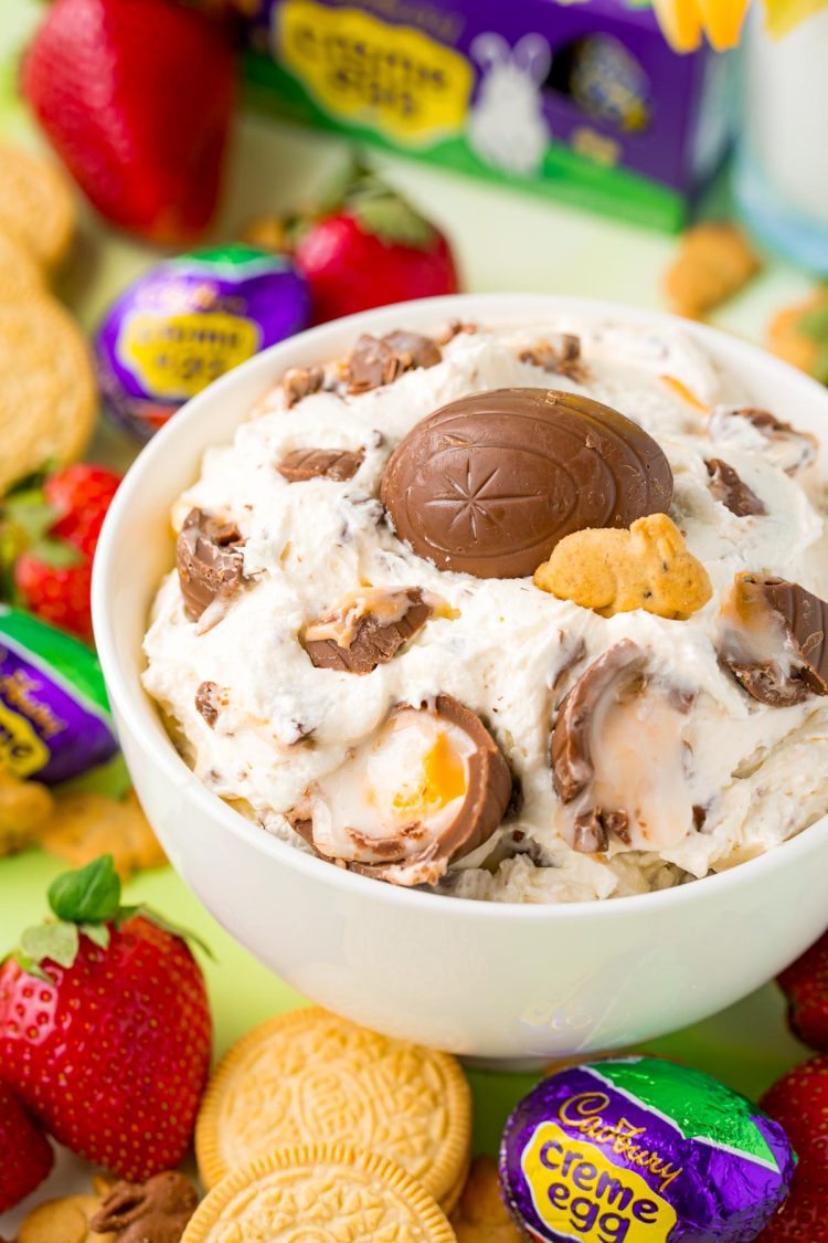 Close up photo of a bowl of cadbury creme egg dip.