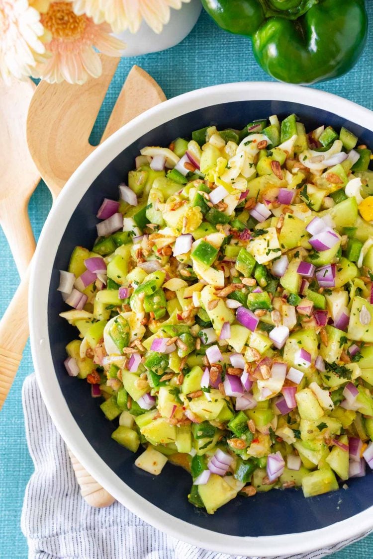 Hot girl summer salad in a blue and white bowl.