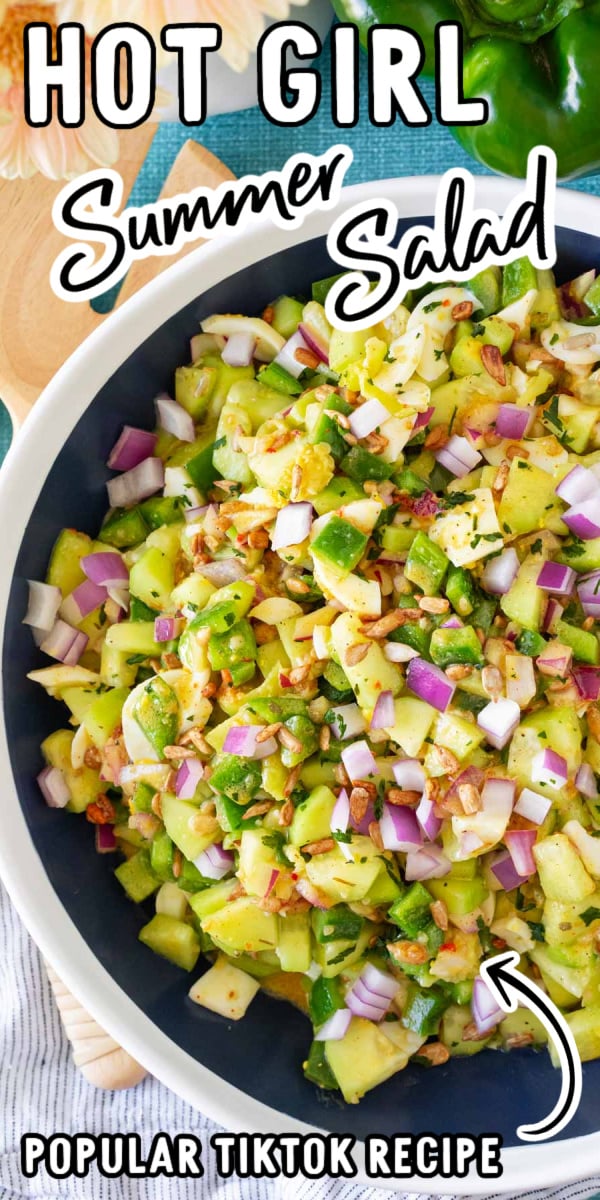 This Hot Girl Summer Salad is made with cucumbers, green pepper, red onion, eggs, Italian dressing, and more for a quick, easy, and refreshing lunch or snack! via @sugarandsoulco