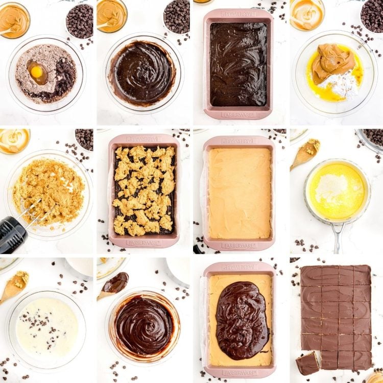 step by step photo collage showing how to make buckeye brownies.
