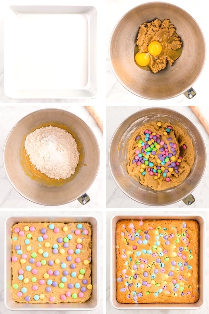 Step by step photo collage showing how to make Easter blondie bars.