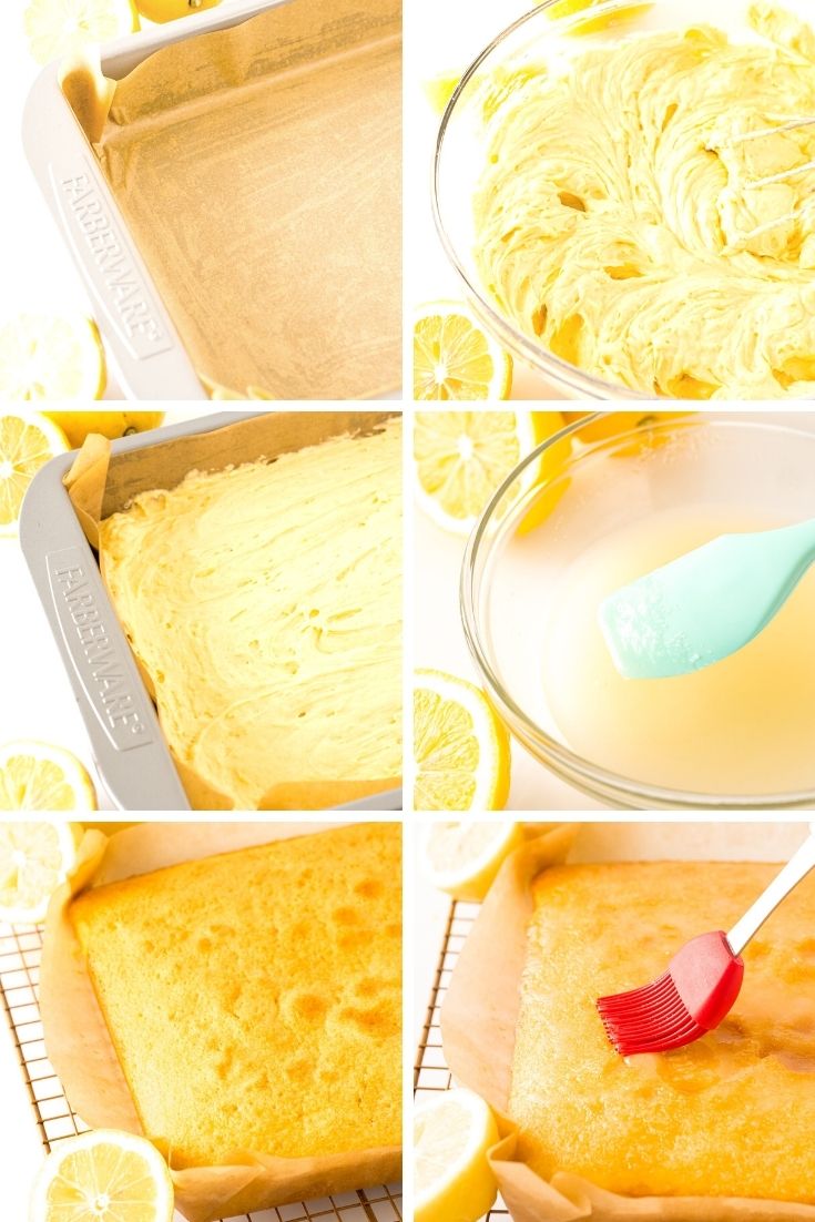 Step by step photo collage showing how to make Mary Berry's lemon drizzle cake.