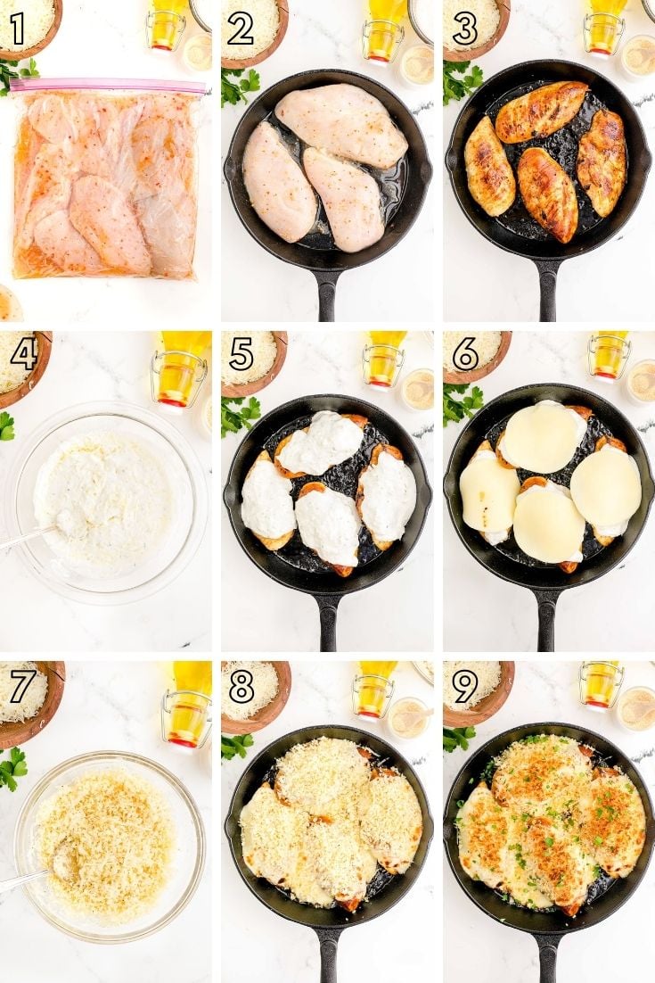 Step by step photo collage showing how to make parmesan crusted chicken.