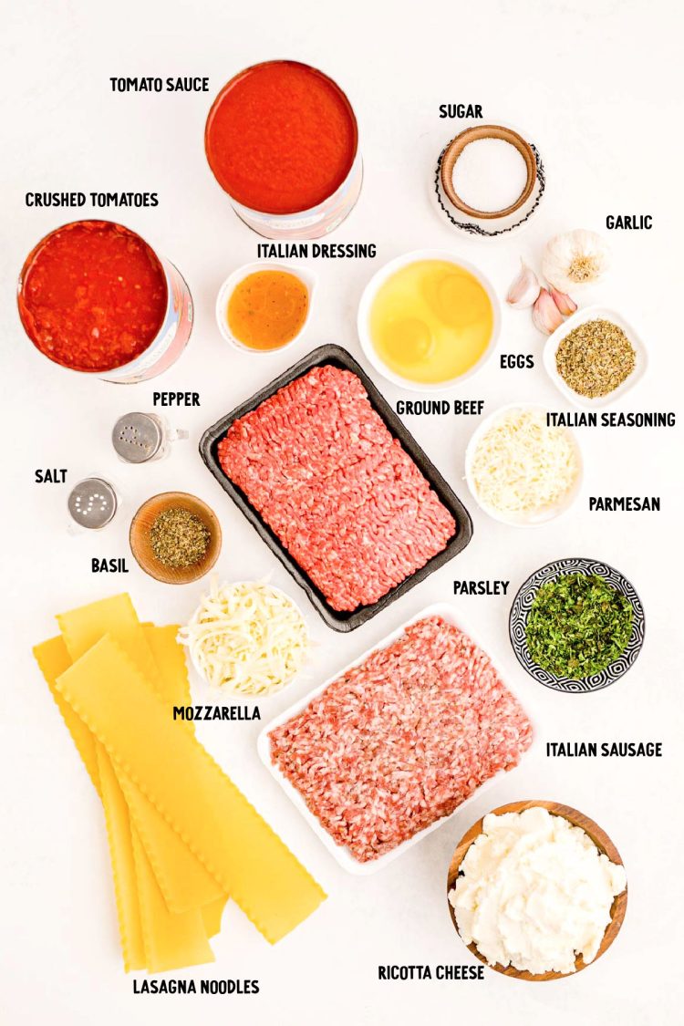Ingredients to make homemade lasagna prepped on a white table.