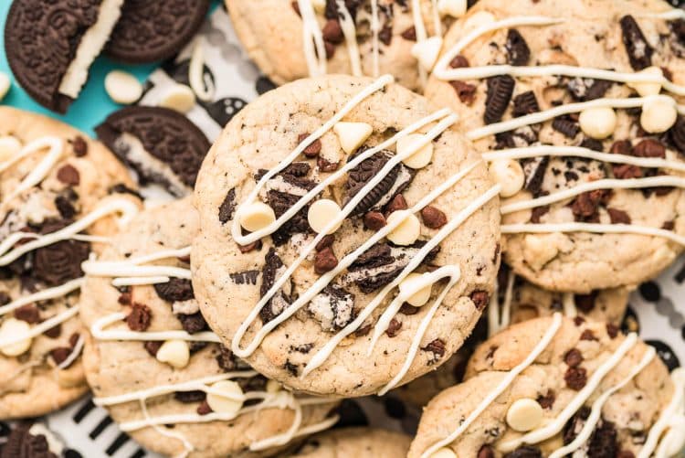 Overhead photo of chocolate chip oreo cookies on a plate.