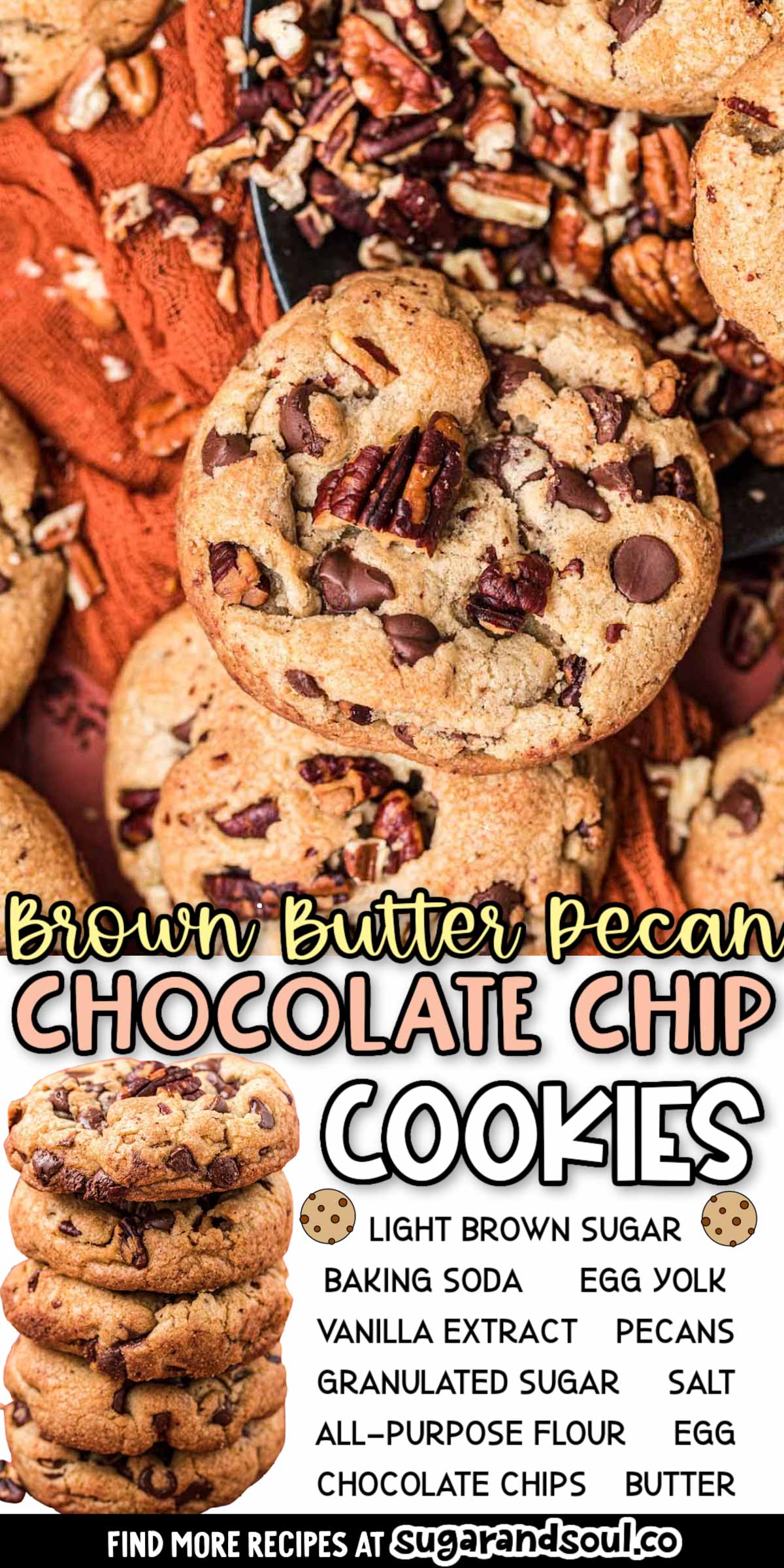 These Brown Butter Pecan Chocolate Chip Cookies are a crisp, chewy treat that's made with pantry staple ingredients and toasted pecans! Prep these jumbo cookies in just 30 minutes or less! via @sugarandsoulco