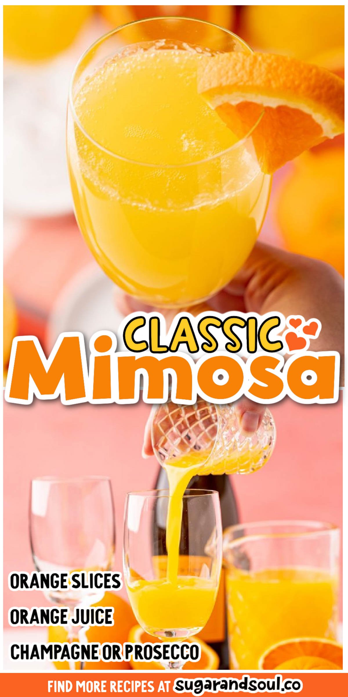 This Classic Mimosa Recipe is a refreshing, easy cocktail made with just two ingredients that's bubbly and bursting with the best tangy orange flavor! via @sugarandsoulco