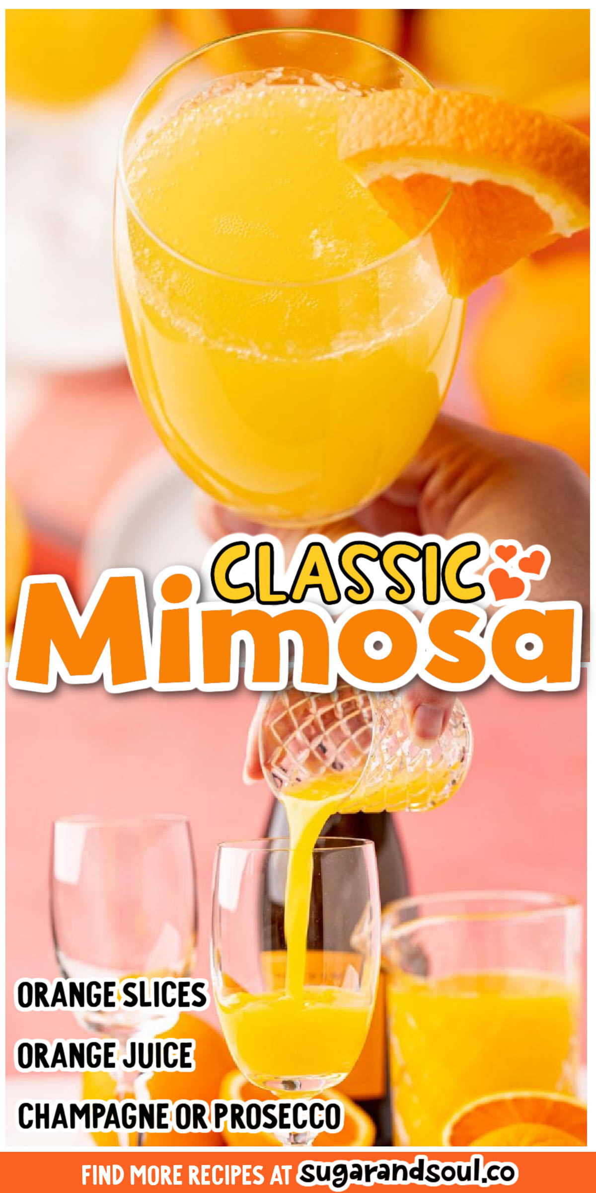 This Classic Mimosa Recipe is a refreshing, easy cocktail made with just two ingredients that's bubbly and bursting with the best tangy orange flavor! via @sugarandsoulco