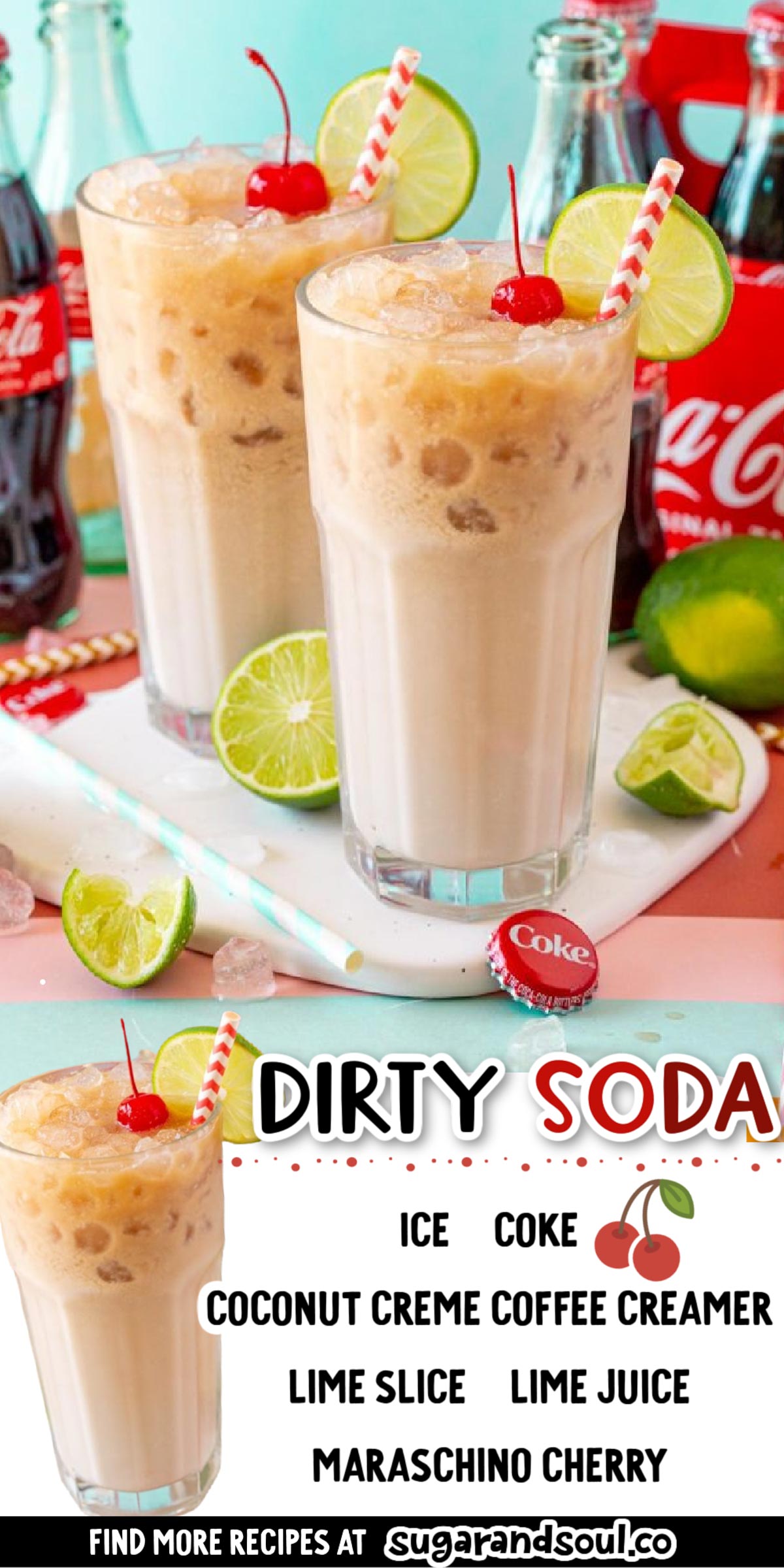 Dirty Soda made with Coke, coconut creamer, and lime juice is a deliciously indulgent soda shoppe style drink served over ice and perfect for sipping on a hot summer day or as a dessert treat! via @sugarandsoulco