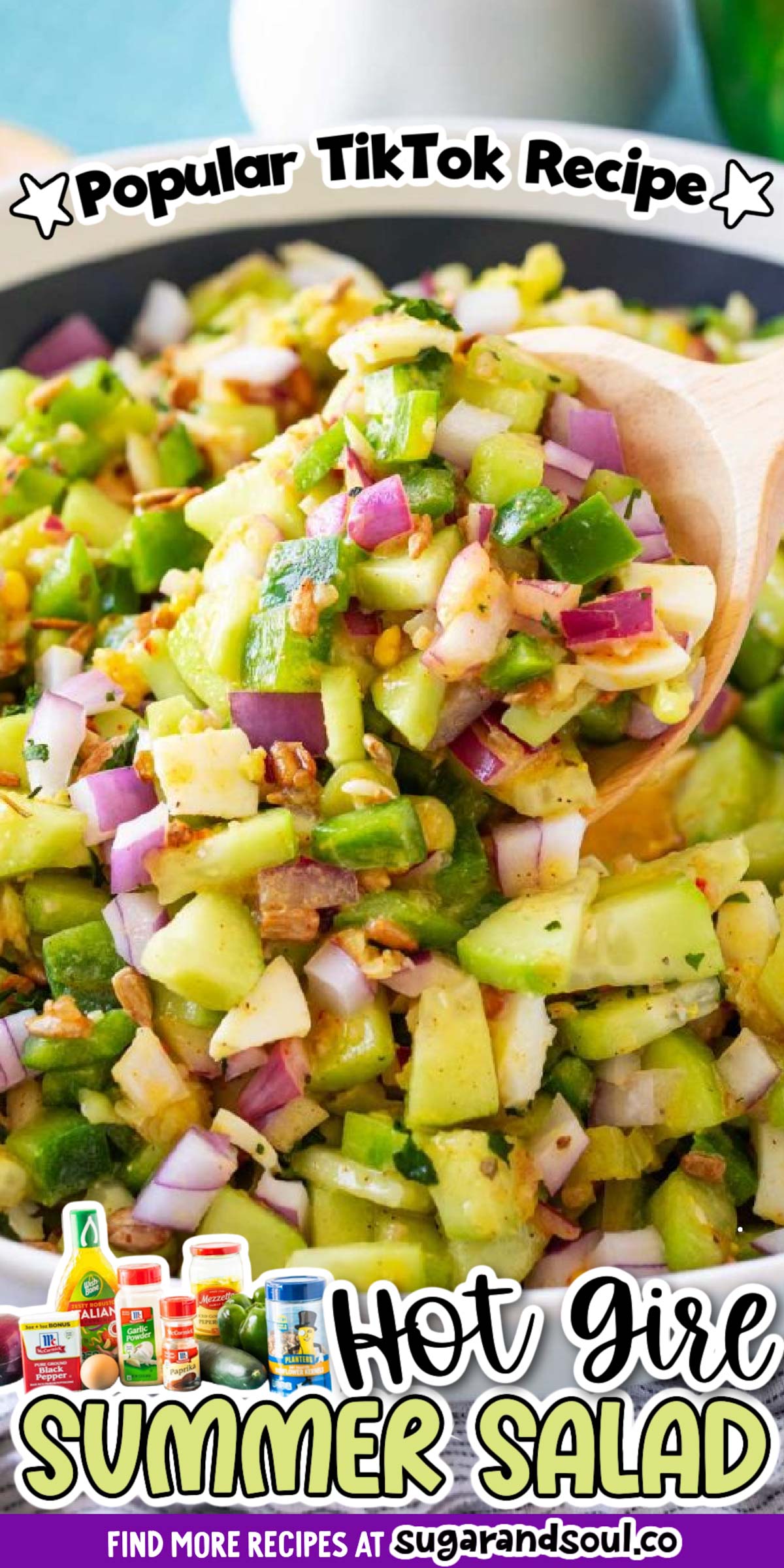 This Hot Girl Summer Salad is made with cucumbers, green pepper, red onion, eggs, Italian dressing, and more for a quick, easy, and refreshing lunch or snack! via @sugarandsoulco