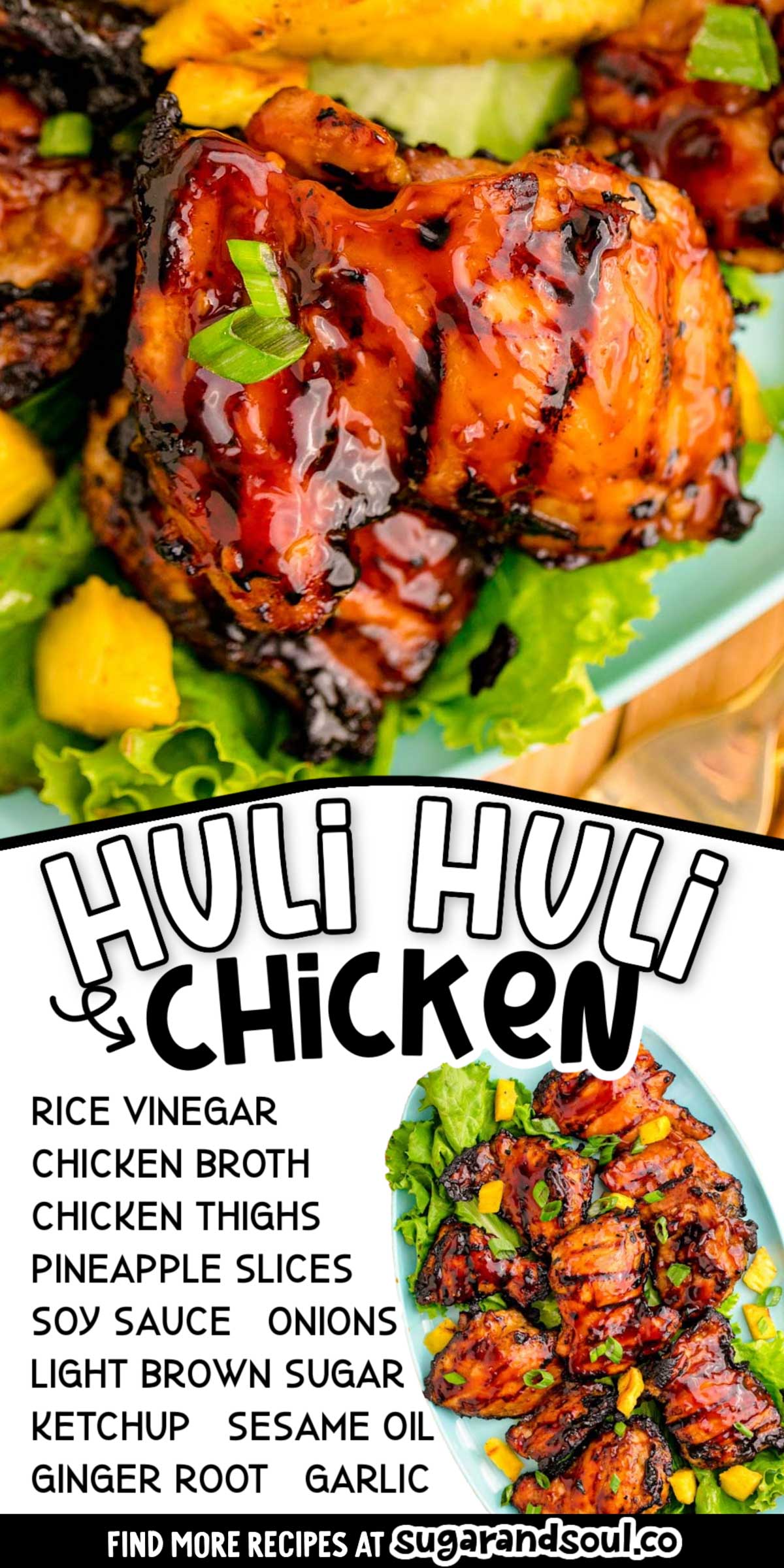 Grilled Huli Huli Chicken marinates chicken thighs in a sweet, savory sauce that delivers tender, juicy meat after just 10 minutes of cooking! Prep it the night before for an easy dinner option the next day! via @sugarandsoulco