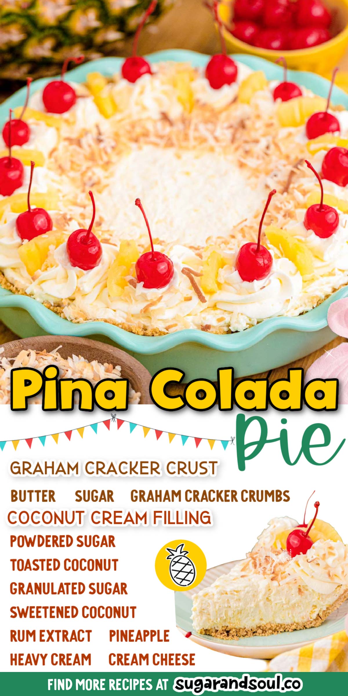 No Bake Pina Colada Pie fills a sweet graham cracker crust with a rum filling that's loaded with crushed pineapple and shredded coconut! Prep this chilled dessert in only 30 minutes! via @sugarandsoulco