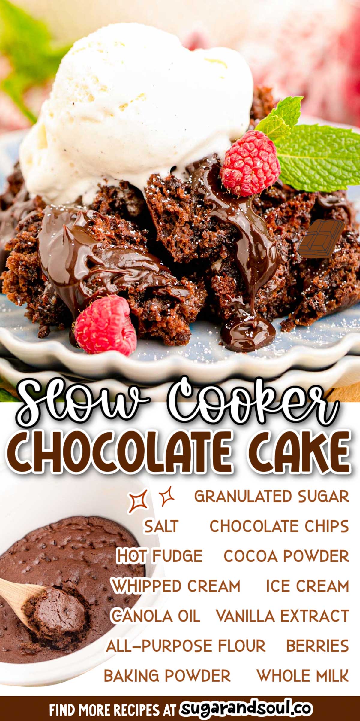 Crockpot Chocolate Cake is made from scratch using pantry staple ingredients and then topped with hot fudge, ice cream, and whipped cream! Takes just 15 minutes to prep and then your crock pot does the rest of the work! via @sugarandsoulco