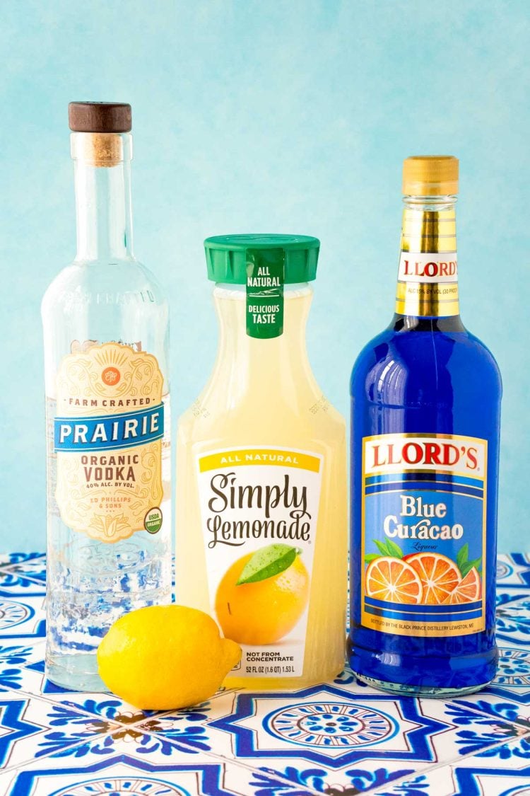 Ingredients to make a blue lagoon cocktail.