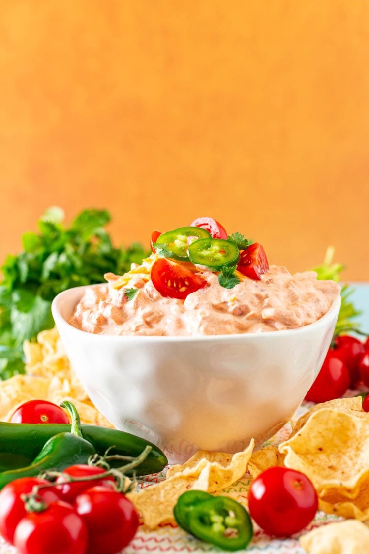 Boat dip (taco dip) in a white bowl surrounded by fresh produce.
