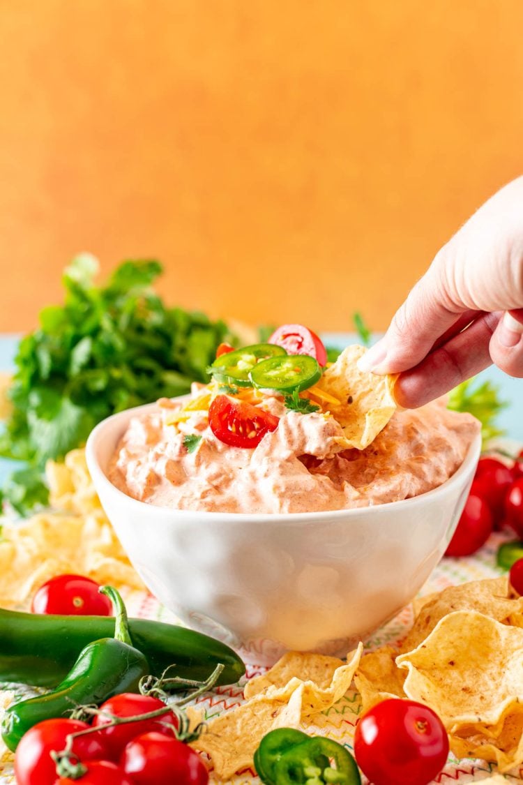 Close up photo of a woman's hand scooping boat dip out of a white bowl with a tortilla chip.