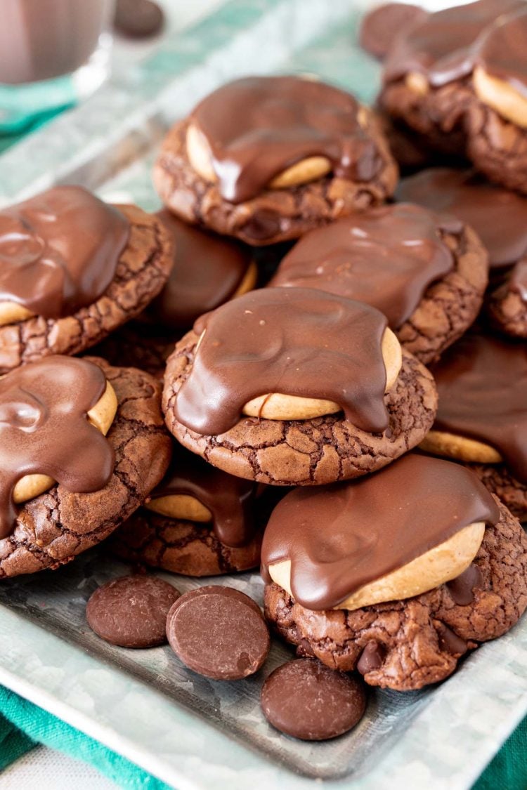 Buckeye cookies on a tin serving tray.