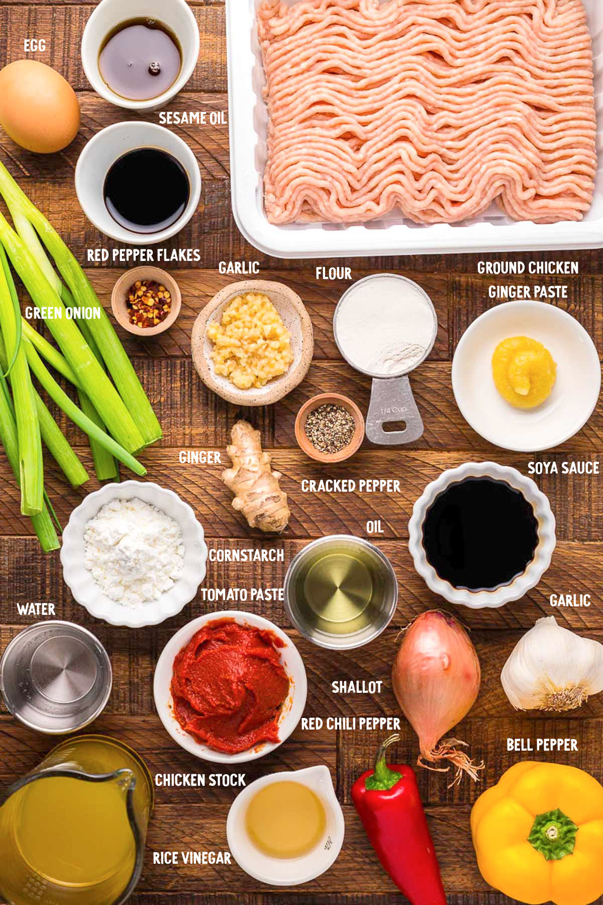 Ingredients to make chicken manchurian from scratch.