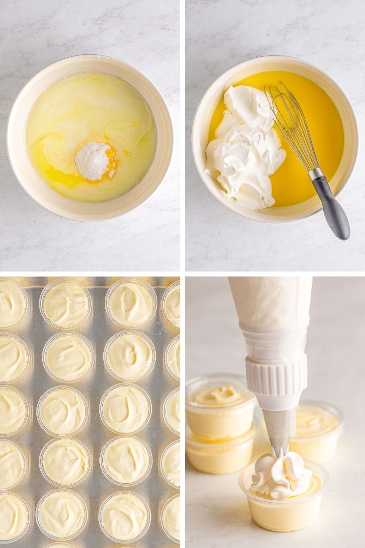Step by step photo collage showing how to make pudding shots.
