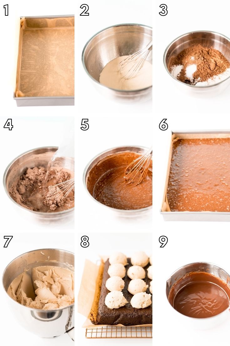 Step by step photo collage showing how to make buckeye cake.