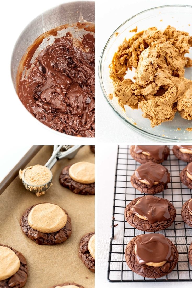 Step by step photo collage showing how to make brownie buckeye cookies.