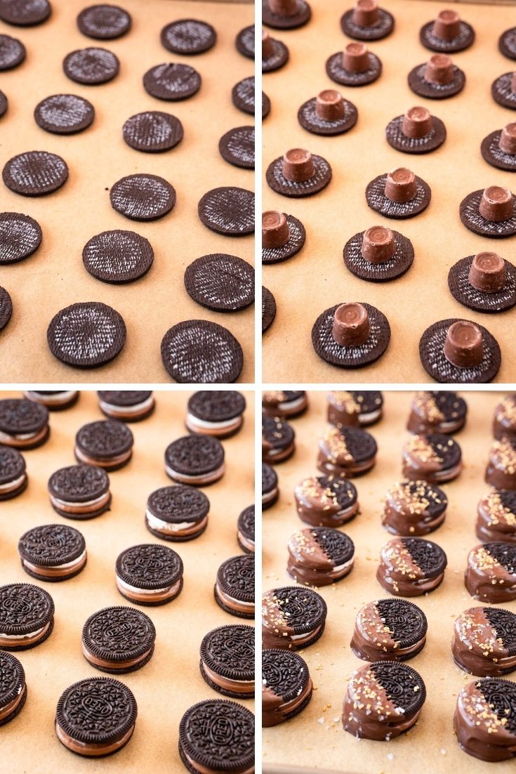 Step by step photo collage showing how to make chocolate dipped oreos stuffed with rolo candies.