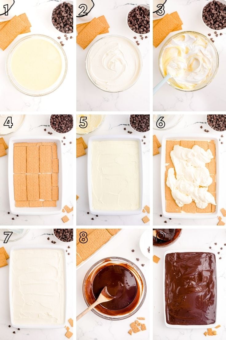 Step by step photo collage showing how to make eclair icebox cake.