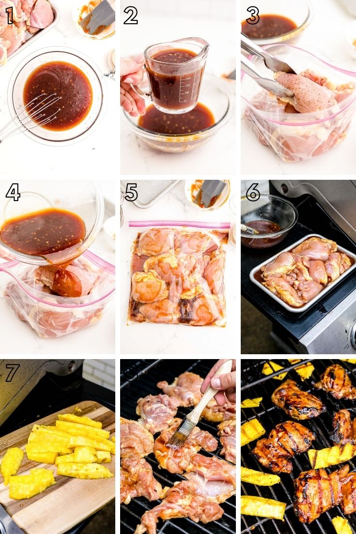 Step by step photo collage showing how to make huli huli chicken on the grill.