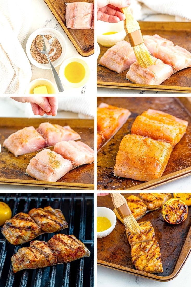 Step by step photo collage showing how to make mahi mahi on the grill.