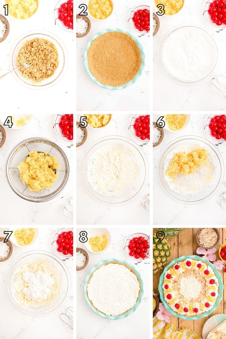 Photo collage showing how to make pina colada pie.