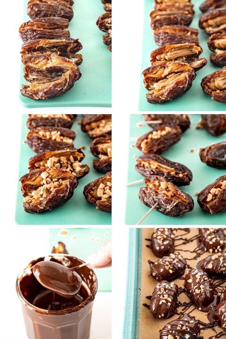 Step by step photo collage showing how to make snickers stuffed dates.