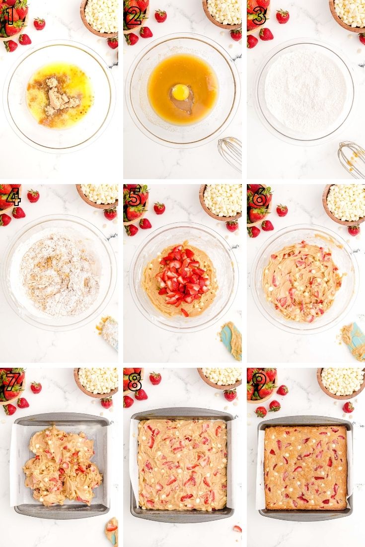 Step by step photo collage showing how to make strawberry blondies.