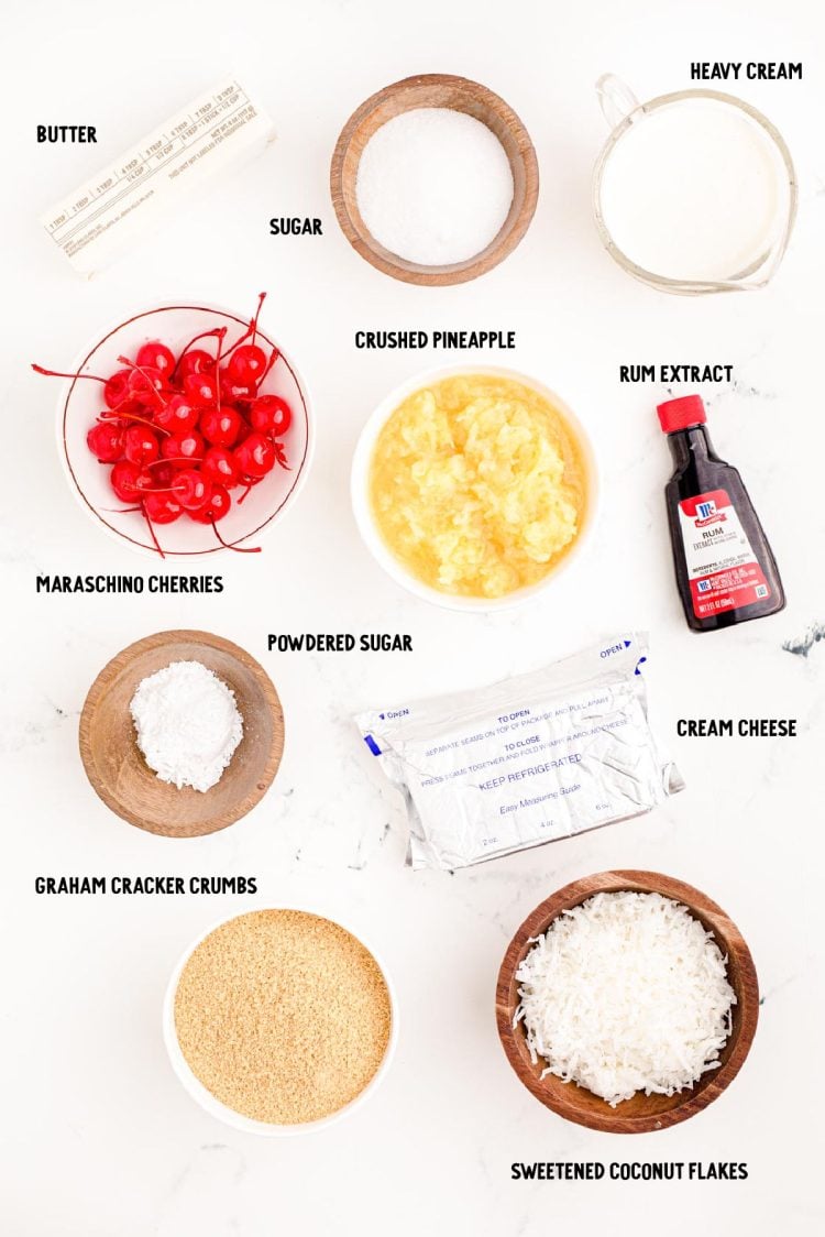 Ingredients to make pina colada pie on a marble surface.